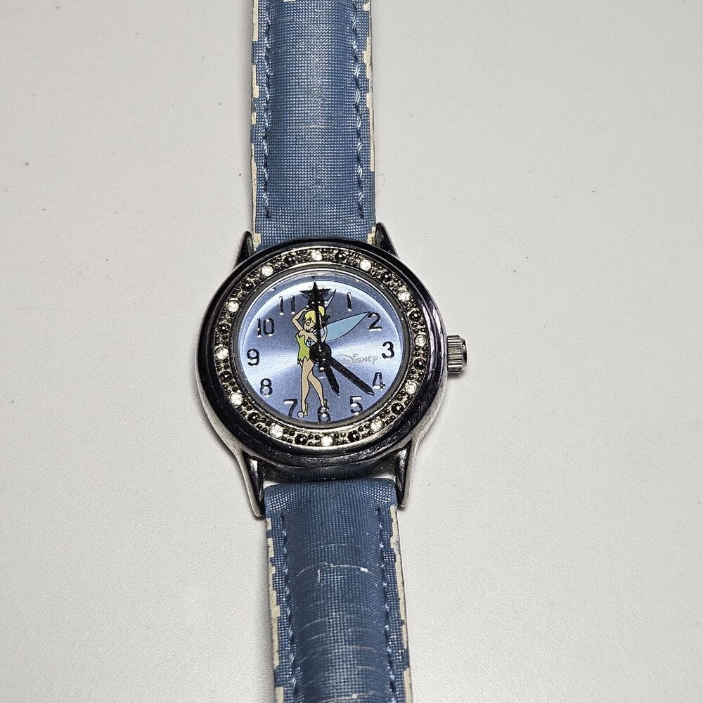 Disney’s Tinkerbell Watch Silver Crystal Accent Bezel Blue Strap Needs Battery